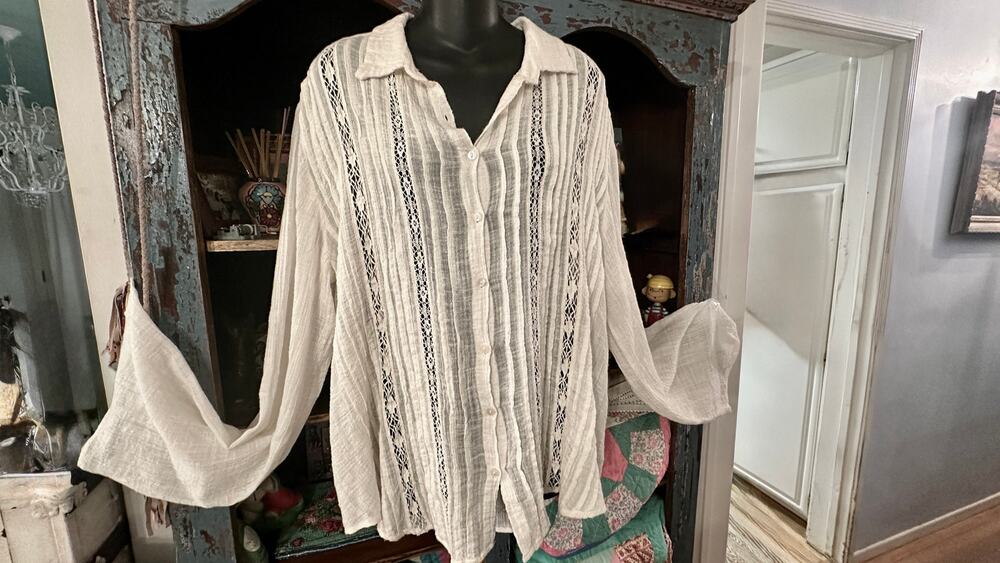 FP ONE FREE PEOPLE MILA GAUZE CROCHET BELLSLEEVE BLOUSE MADE IN INDIA L